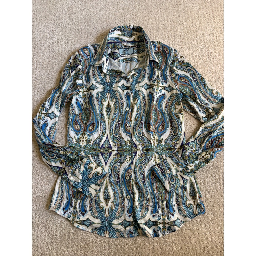 Hawes & Curtis Button Down Shirt Womens 12 Blue Paisley Fitted Boho Retro